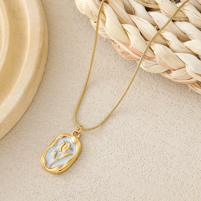 Rose Tulip Enamel Pendant Necklace
