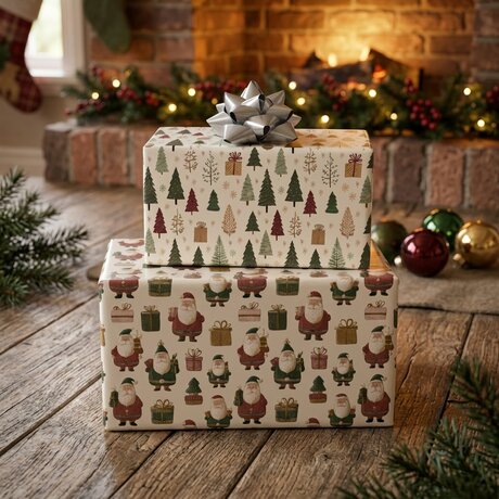Vintage Santas & Trees Reversible Flat Wrap