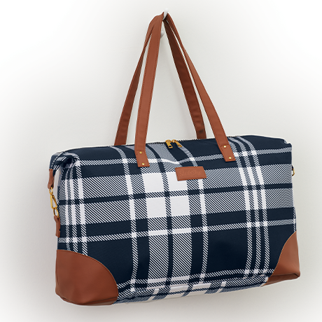 Navy Blue & White Plaid Weekender Tote