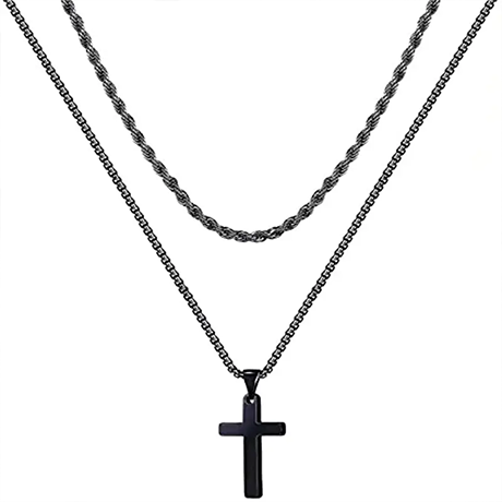 Mens Two-Layer Cross Pendant Necklace