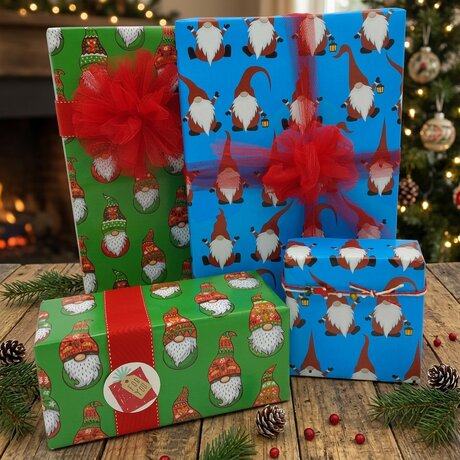 Holiday Gnomes Wrapping Paper Reversible with Two Designs
