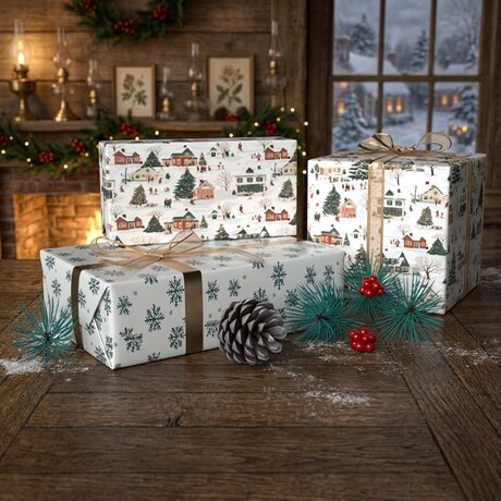 Village & Snowflakes Reversible Flat Wrap
