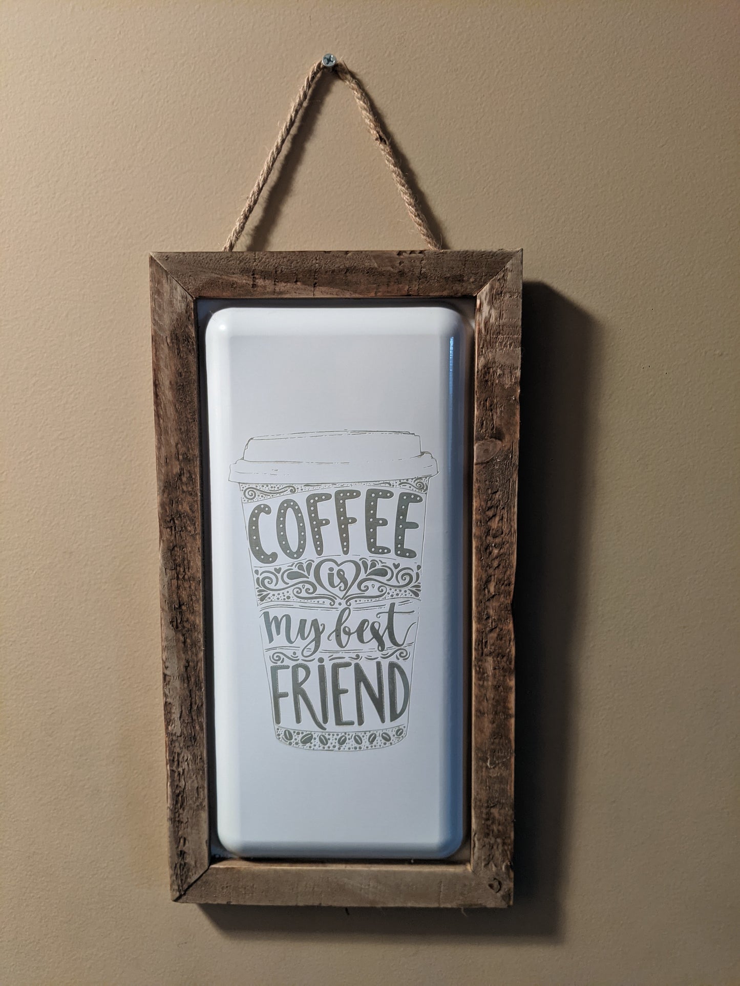 "Coffee is My Best Friend" Enameled Ceramic and Wood Sign